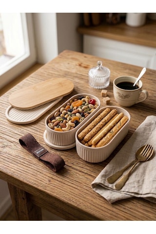 Premium Bambu Kapaklı Çift Katlı Lunch Box - Modern Tasarım Kilitli Beslenme Kutusu Ve Saklama Kabı Krem