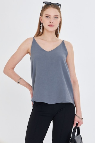 Armonika Kadın Gri Keten Görünümlü Askılı Bluz Arm-24y001064