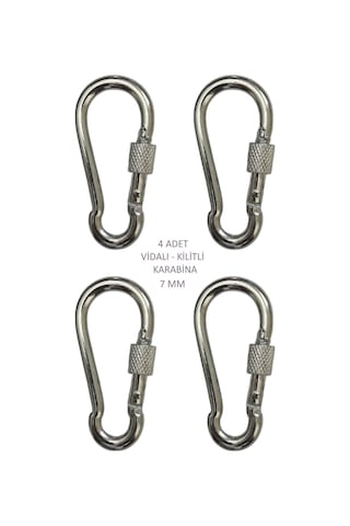 Galvanizli Vidalı Kilitli Karabina, 7 Mm, Askı, Çengel, Kanca, Anahtarlık 4 Adet