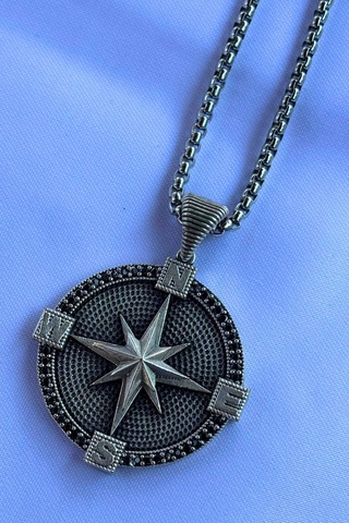 Pusula El İşçiliği Paslanmaz Çelik Zincir Erkek Kolye Gümüş