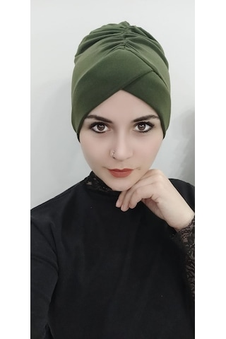 Kadın Tesettür Çapraz Bone Haki Altın