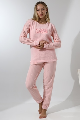 Wordex Fawn 5019 Peluş Welsoft Polar Kışlık Yumoş Kadın Pijama Takımı Love Pembe Toz Pembe