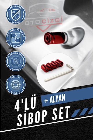 Renkli 4 Lü Sibop Kapak Seti Araba & Motosiklet Uyumlu, Alüminyum, Hava Kaçağını Önler - Kırmızı
