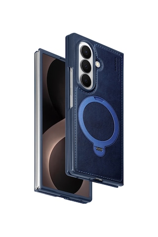 Samsung Galaxy Uyumlu Z Fold 8 Ultra Kılıf Ring M-safe Şarj Özellikli High Pu Deri Hdd Hbc-386 Skafta Case Mavi