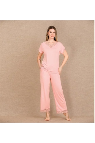 Ang Butik Kadın Viskon Şık Tasarım Dantel İşlemeli Açık Pembe Kısa Kol Pijama Takımı