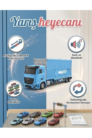 4 Fonksiyonlu Sesli Katlanabilir Mega Yarış Tırı Ve Mancınık Setli Oyuncak Yarış Pisti Seti