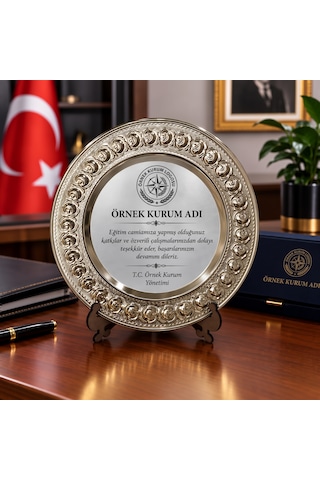 Plaket Metal Tabak Gül Desenli Tayin Anı Başarı Ödül Hediyesi Kişiye Özel Baskılı Teşekkür Plaketi Büyük Boy 25 Cm Gümüş