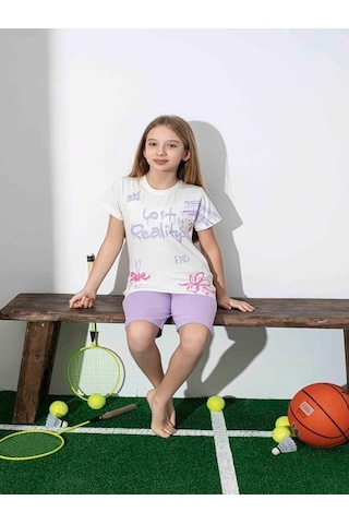 Kız Çocuk Desenli Lila Şortlu Pijama Takımı-1258 Lila