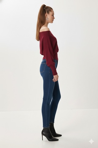 Fiolin Omuzu Açık Off Shoulder Triko Kazak Bordo