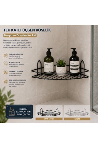 Krt-1147 Eko Banyo Köşelik Ve Duşakabin Rafı Tek Katlı Üçgen - Siyah Metal
