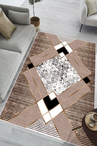 Geometrik Desenli Makinede Yıkanabilir Kaymaz Taban Oturma Odası Salon Halı Koridor Halı Bej