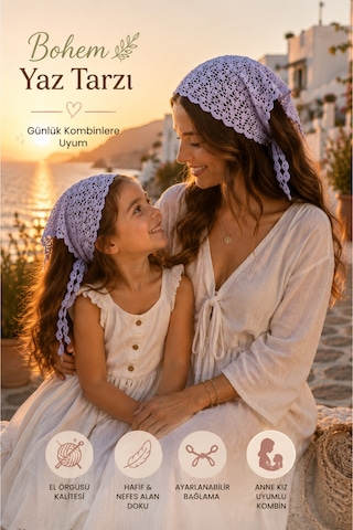 Anne Kız Kombin Bandana El Örgüsü Saç Bandı Bohem Stil Ayarlanabilir 2li Set Mor