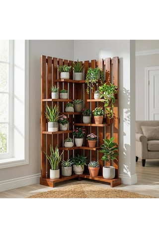 Wooddesign Çok Katlı Ahşap Köşe Çiçeklik Saksılık Ve Dekoratif Raf Modülü 160x150 Cm Bordo