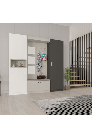 Lüks Aynalı Portmanto Askılı Vestiyer %100 Mdf Çok Raflı Ayakkabılık V05 Beyaz - Antrasit Lüks Aynalı Portmanto Askılı Vestiyer %100 Mdf Çok Raflı Ayakkabılık V05 Beyaz - Antrasit