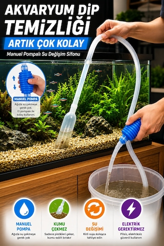 Manuel Pompalı Akvaryum Dip Temizleyici Su Değişim Sifonu Kum Temizleme Hortumu Elektriksiz 150 Cm