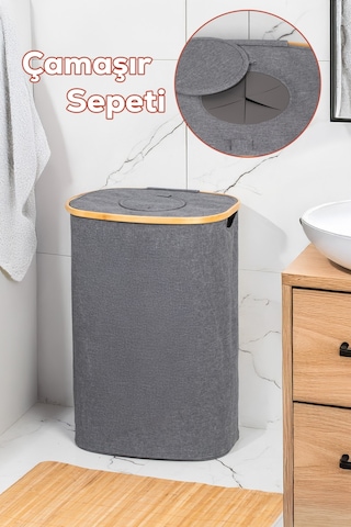 Porsima Mio-101 Bambu Banyo Kirli Çamaşır Sepeti Banyo Düzenleyici Sepet 44x66 Cm Renkli
