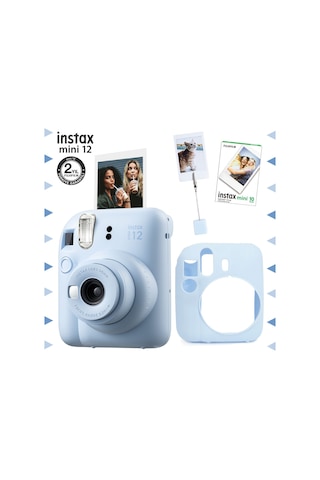 Fujifilm Instax Mini 12 Fotoğraf Makinesi + 10'lu Film + Kıskaçlı Resim Standı + Silikon Kılıf Seti Mavi