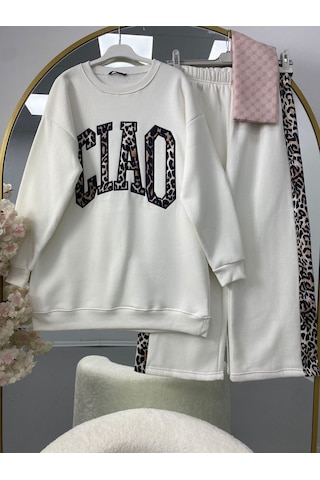 Lovie Moda Kadın Leopar Yazılı Eşofman Takımı Beyaz