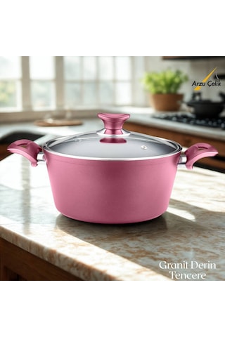 28 Cm Granit Derin Tencere Cam Kapak - Mürdüm Mürdüm