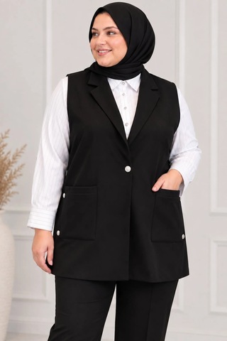 Lady Majestic Kadın Büyük Beden Şık Viskon Yelek Klasik Yaka Düğmeli Cep Detaylı Yelek Siyah