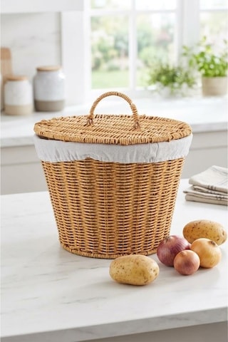 Kapaklı Bezli Hasır Patates Soğan Sepeti - 28x23 Cm Mutfak Düzenleyici Çok Renkli