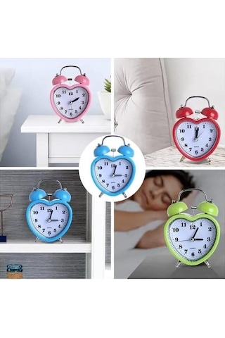 Zhltools Kalp Tasarımlı Zilli Alarmlı Metal Çalar Saat Masa Saati Kırmızı
