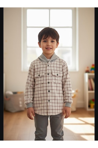 Gala Kolu Lastikli Kapüşonlu Ekoseli Unisex Çocuk Gömlek KREM