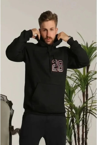 Defymoda Unisex Kapşonlu Baskılı Sweetshirt - Siyah