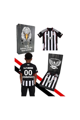 Lisanslı Adidas Beşiktaş Forma 25-26 Sezon Çubuklu Çocuk Forması Kişiye Özel Siyah-beyaz