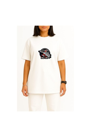 Bahriyeli Collection Oversize Sukhoi Su-57 Savaş Uçağı Göğüs Baskılı Unisex T-shirt Beyaz