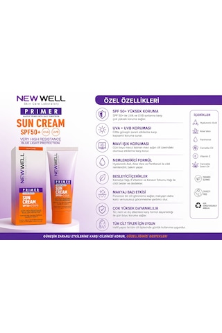 New Well Primer Sun Cream Spf50+ 50 Ml Makyaj Bazlı Güneş Kremi Uva Uvb & Mavi Işık Koruması