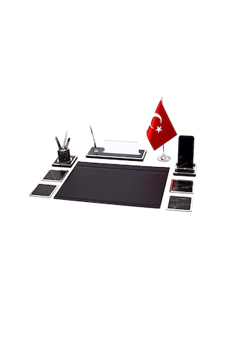 Star Bayraklı Mermer Desenli Ahşap Sümen Takımı Deri Sümen Seti Masa İsimliği - Gümüş