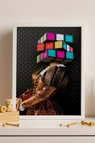 Rubik Küpü Kafalı Kadın Çerçeveli Tablo Rönesans Tarzı Renkli Küp Başlıklı Modern Ofis Dekoru Modifiye Sanat
