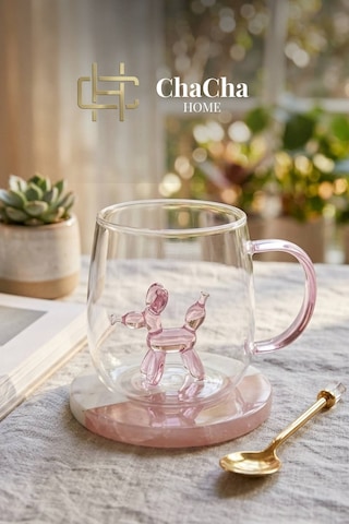 Chacha Home Figürlü Borosilikat Cam Kupa 350 Ml - Renkli Kulplu Bardak - El Yapımı Cam Figürlü Sunum Kupası Beyaz