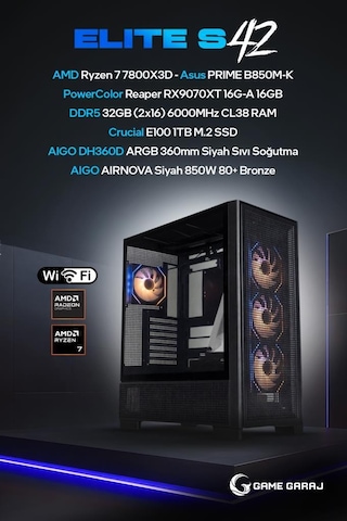 Game Garaj Elite S42 R7-7800X3D 32 GB 1 TB SSD RX9060XT Free Dos Oem Paket Masaüstü Oyuncu Bilgisayarı