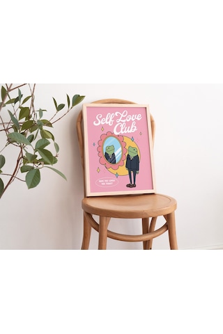 Kız Kurbağası Öz Bakım Duvar Baskısı, Pozitiflik Öz Sevgi Kulübü, Pembe Retro İllüstrasyon