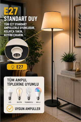 Lucca Model Siyah Metal Ayaklı Bohem Lambader 145 Cm Kumaş Başlıklı Salon Yatak Odası Köşe Aydınlatma