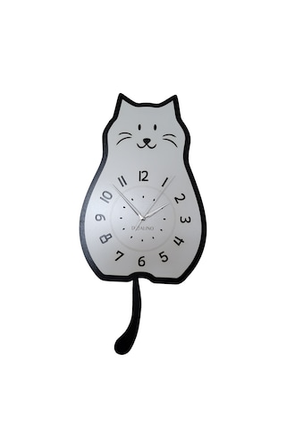 Doalino Sallanan Kuyruklu Kedi Figürlü Premium Ahşap Duvar Saati