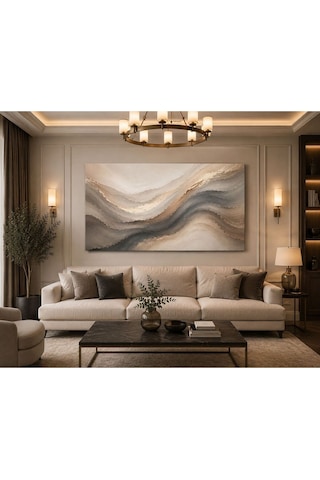 Lüx Bej Antrasit Soyut Dalga Kanvas Tablo Modern Minimalist Dokulu Görünümlü Büyük Boy Salon Yemek Odası Ofis Duvar Dekoru