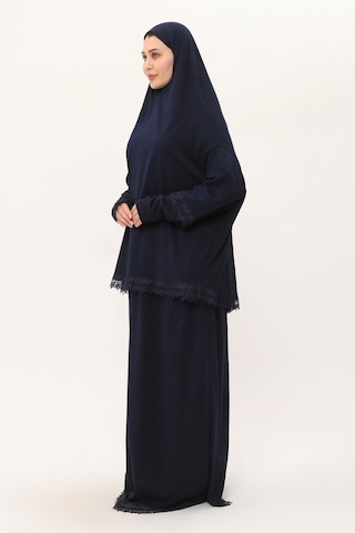 Lacivert İki Parça Namaz Elbisesi Pamuk Kumaş Dantelli 2205 02 Lacivert