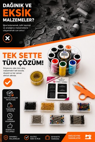 11 Parça Kapsamlı Dikiş Seti 10 Renk İplik, 55 Li İğne, Çatal İğne, Toplu İğne, Mezura Ve Seyahat Makası
