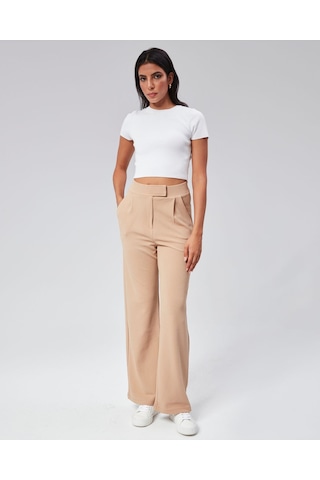 Nevege Butik Kadın Örme Kumaş Full Likralı Beli Cırtlı Palazzo-camell Camel