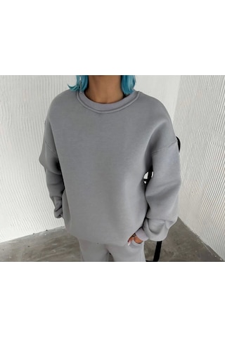 Veraura Lifestyle Kışlık Bisiklet Yaka Üç İplik Basic Sweatshirt - Gri