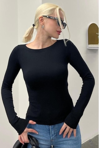 Madmext Siyah Kayık Yaka Uzun Kollu Kadın Top Body Mg2267 Siyah