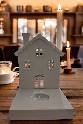 Dekoratif Tealight Mumluk - Ev Şeklinde Mumluk Tealight Mum Dahildir Beyaz