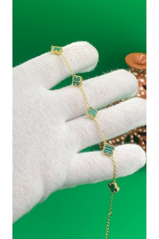 Gold Renk Yonca Desenli Minimal Bileklik Yeşil