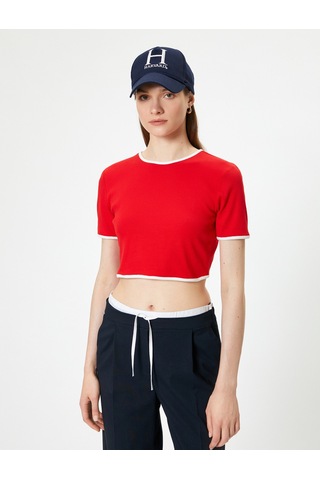 Koton Crop Tişört Slim Fit Kısa Kollu Bisiklet Yaka Kaşkorse Renk Kontrastlı Kırmızı 4sak50626ek Kırmızı