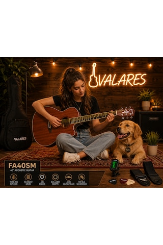 Valares Fa40mg / Fa40sm 40 Akustik Gitar Maun & Ladin Gövde Mat Yüzey Kaliteli Teller Orta Seviye Natural