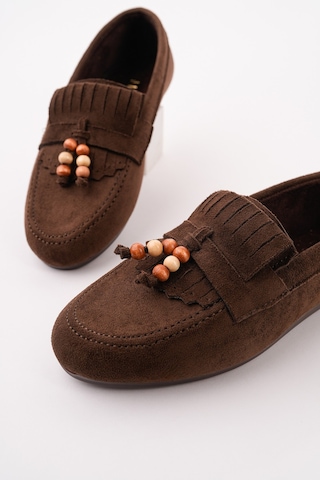 Muggo Fawn Renkli Boncuk Detaylı Kadın Günlük Loafer Ayakkabı Kahverengi