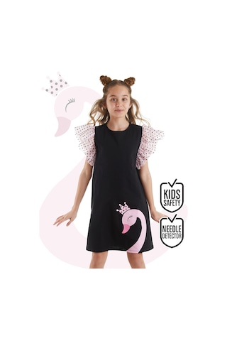 Denokids Kuğu Kız Çocuk Tüllü Fırfırlı Puantiyeli Kız Siyah Elbise
